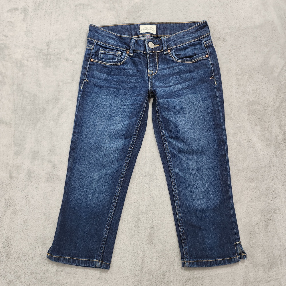 Aeropostale Jeans Womens 0 Blue Low Rise Capri Crop Embroidered Stretch Denim